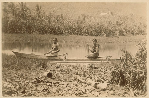 Two Native Women in a Dugout Canoe