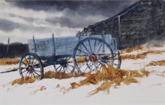 Blue farm wagon and barn