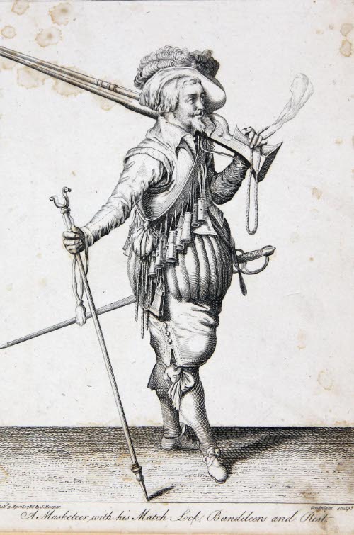 A Musketeer with his Match-Lock, Bandileer and Rest