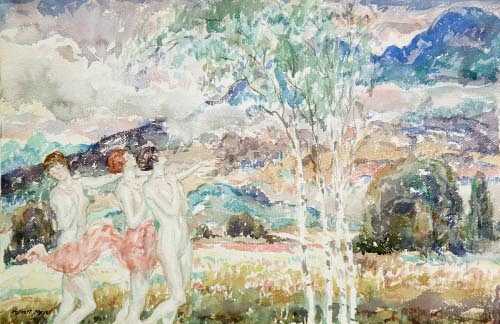 Three Nude Women in Mountain Landscape