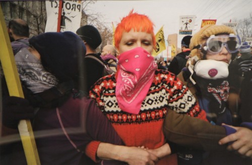 Non-Native Allies Circling Native Water Protectors to protect them from arrest during a street action that stopped traffic outside the Federal Building in Bismarck, ND, where camp leaders and legal defense respresentatives were attempting to learn the status of arrested Water Protectors #2