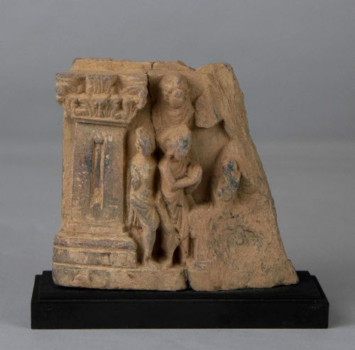 Scene from the Life of the Buddha: Three worshippers of the Buddha, and Pillar