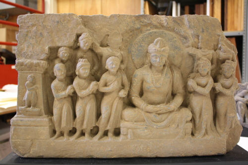 Frieze with Seated Bodhisattva, Possibly Manjushri, and  Attendants