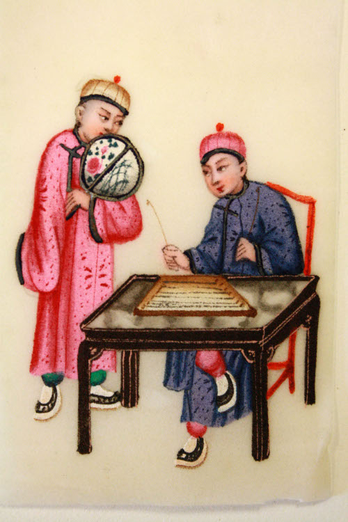 One of set of twelve miniature rice paper paintings