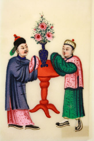 One of set of twelve miniature rice paper paintings