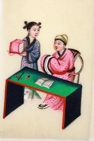 One of set of twelve miniature rice paper paintings