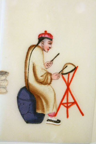 One of set of twelve miniature rice paper paintings