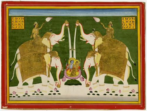 Painting of Four Elephants pouring water over Vishnu and his consort