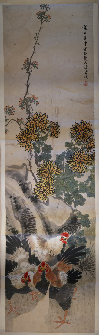 Three Cocks Below Chrysanthemums